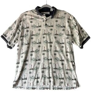 American Summer Clothing Co Polo Shirt Mens XL Cream Green Palm Trees Golf Light